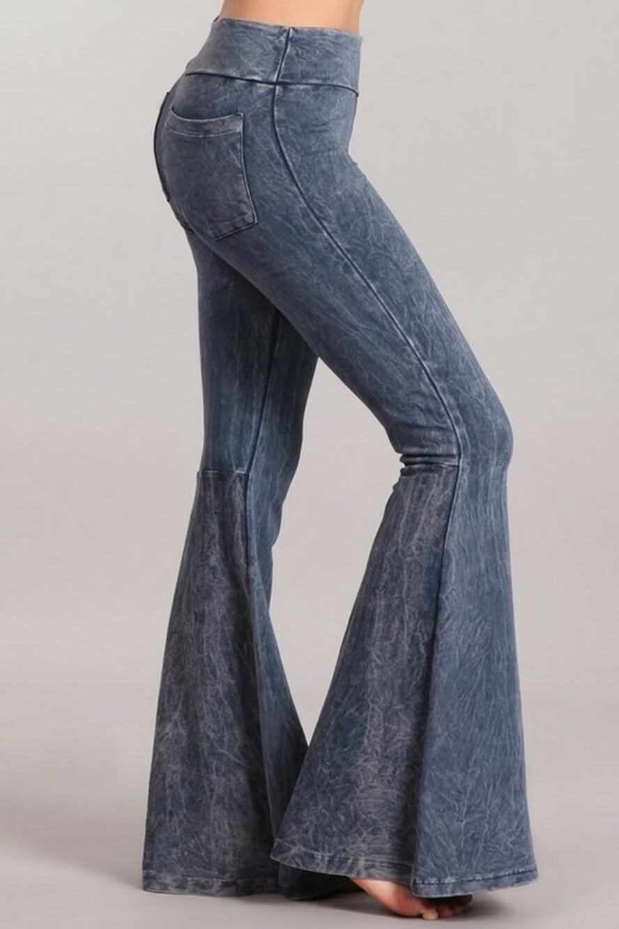 Chatoyant Mineral Wash French Terry Bell Bottoms Pants Blue Gray Large
